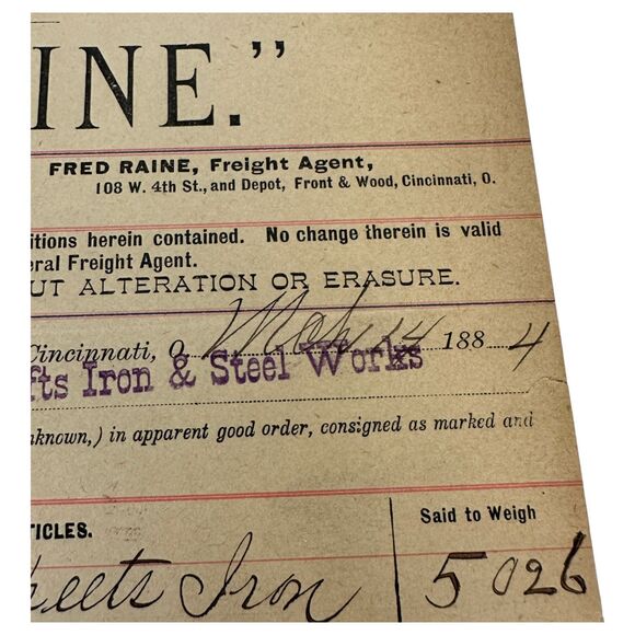 Vintage Cleveland, Columbus, Cincinnati & Indianapolis Railway Co. Receipt 1884 - Picture 2 of 2